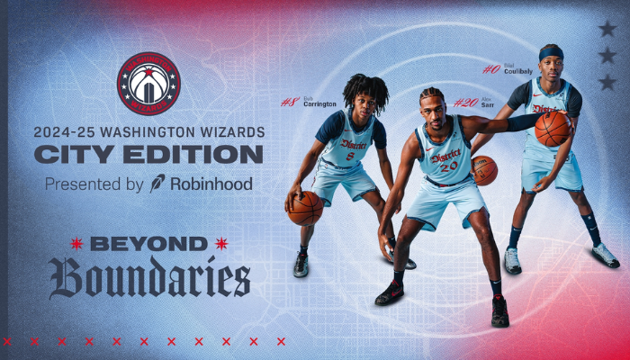 nova regata City Edition do Washington Wizards para a temporada 2024-25. A camisa apresenta um design moderno e colorido, com a base azul hidrogênio e o efeito de ondulação azul, inspirados nos cursos de água de Washington D.C. Detalhes como o "District of Columbia" 